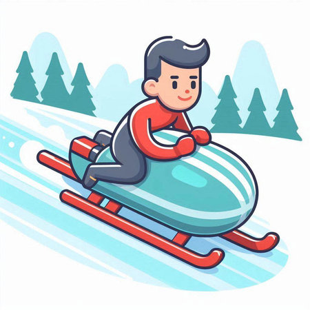 Little boy sliding on a snowmobile. Vector illustration in cartoon style.のイラスト素材