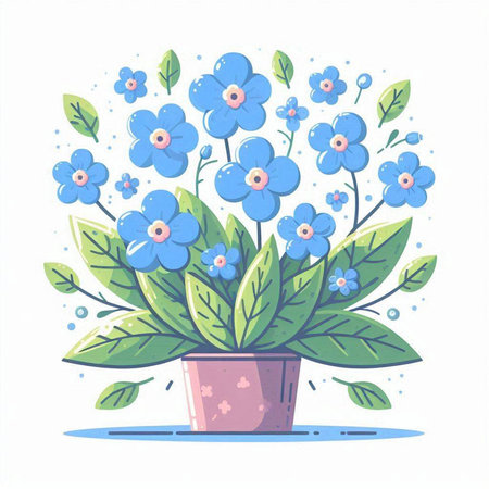 Flower pot with blue forget-me-nots. Vector illustration.のイラスト素材