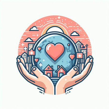 Vector illustration of a heart in the hands of a man on the background of the city.のイラスト素材