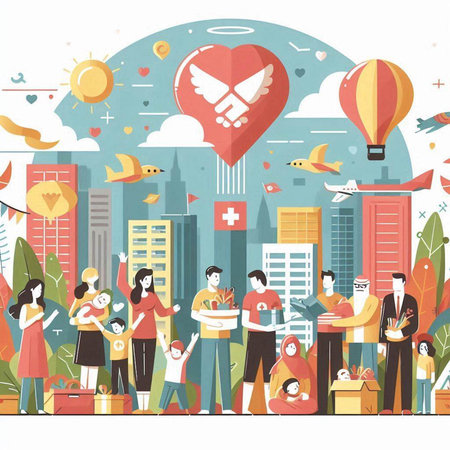 Vector illustration of happy family celebrating Valentine's Day in the city.のイラスト素材