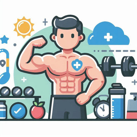 Bodybuilder in the gym. Healthy lifestyle. Vector illustration in flat style.のイラスト素材