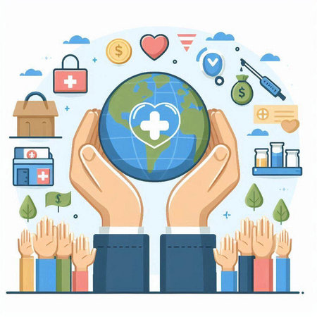 Hands holding the globe. Health care concept. Vector illustration.のイラスト素材
