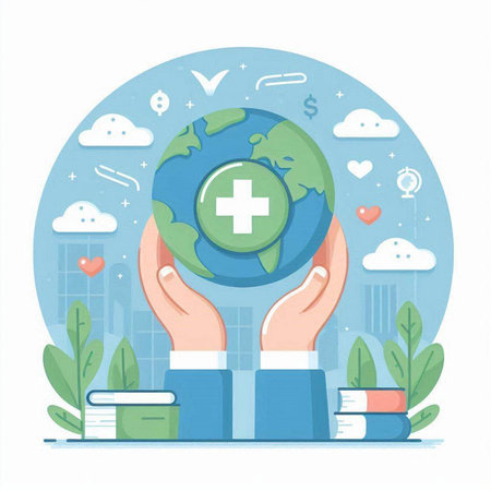 Vector illustration of hands holding Earth globe with medical symbols. Health care concept.のイラスト素材
