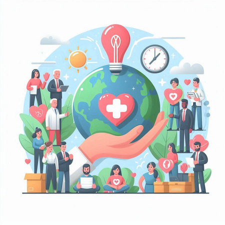 Teamwork concept vector illustration in flat design. Business people around the globe. Teamwork metaphor.のイラスト素材