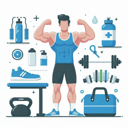 Fitness and healthy lifestyle vector illustration. Muscular man in sportswear.のイラスト素材