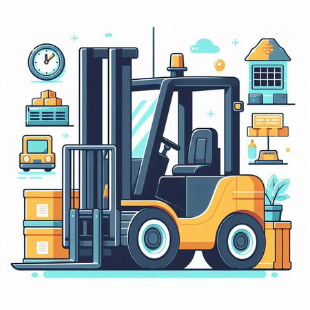 Forklift truck in warehouse. Vector illustration in flat style.のイラスト素材