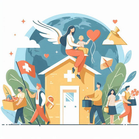 People around the world. Happy family, mother, father and children on the background of the globe. Flat vector illustration.のイラスト素材