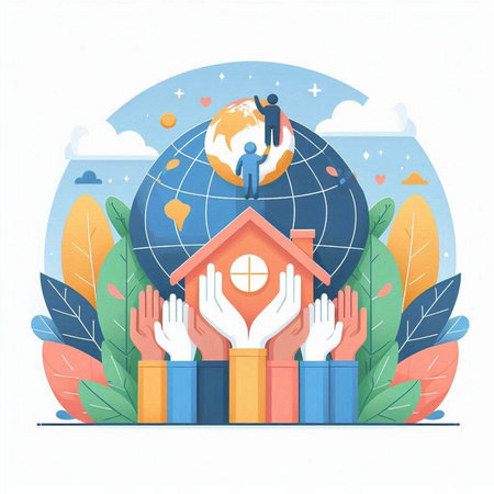 Vector illustration of human hands around the house and globe. Flat style design for web, site, advertising, banner, poster, board and print.のイラスト素材