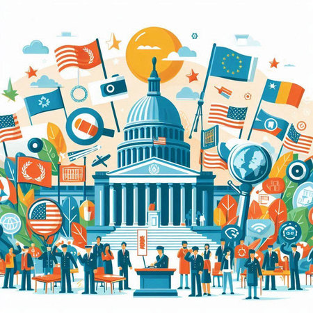 People in front of United States Capitol building. Vector illustration in cartoon style.のイラスト素材