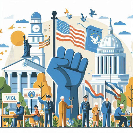 Patriotic composition with american people. Flat vector illustration.のイラスト素材