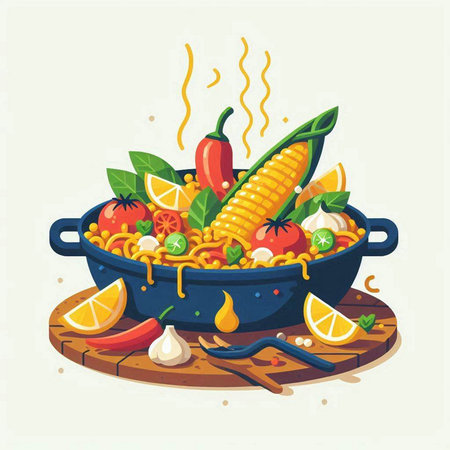 Illustration of a cooking pot with pasta, vegetables and spices.のイラスト素材