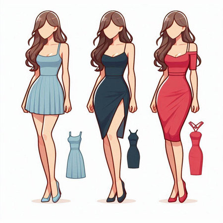 Fashion models. Vector illustration of beautiful young women in elegant evening dresses.のイラスト素材