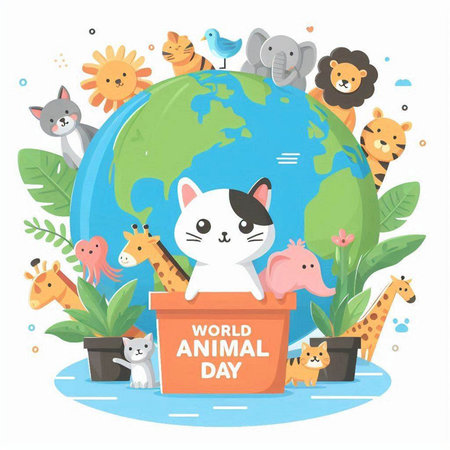 World Animal Day. Cute cartoon animals around the earth. Vector illustration.のイラスト素材