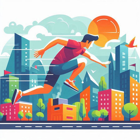 Running man in city. Healthy lifestyle and sport concept. Vector illustrationのイラスト素材