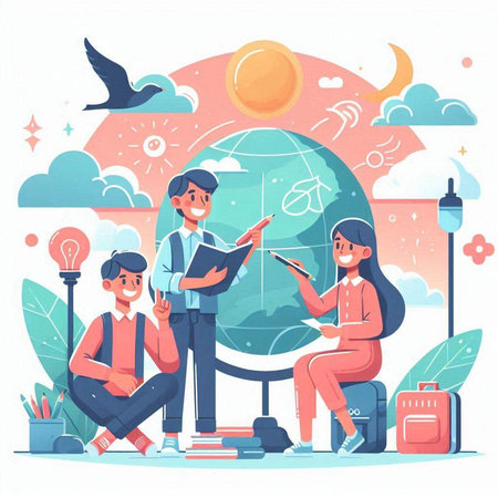 Vector illustration of people studying and planning for travel. Flat design style.のイラスト素材