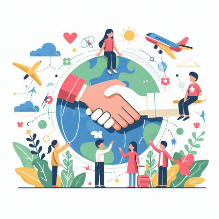 Global communication concept. Handshake between people around the globe. Vector illustrationのイラスト素材