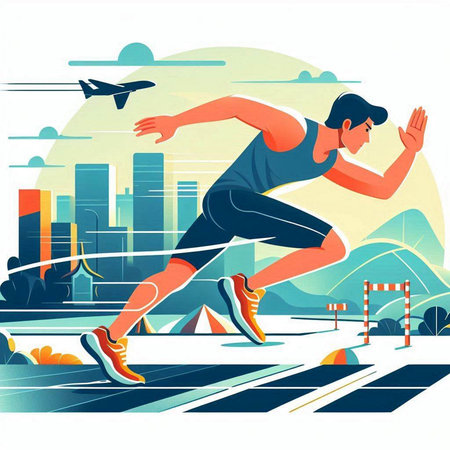 Athlete running in the city. Vector illustration in flat styleのイラスト素材