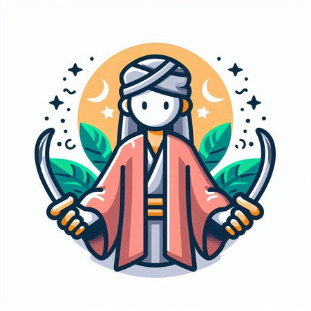 Cartoon illustration of a boy in a kimono with two swords.のイラスト素材