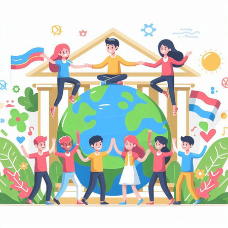 Happy people standing around the world. World friendship day concept. Vector illustration.のイラスト素材