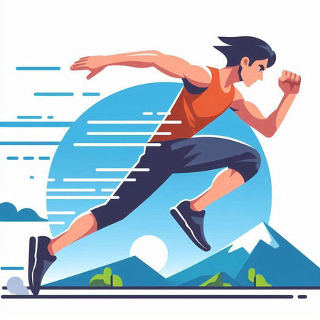 Vector illustration of a young man running in the mountains. Active life concept.のイラスト素材