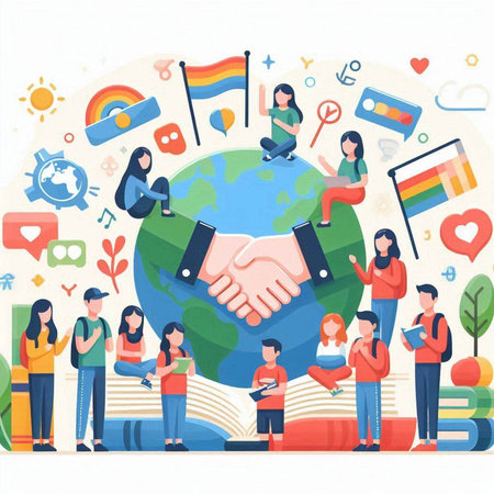 Flat design vector illustration concept of friendship, partnership, cooperation, friendship, teamwork, social media, online meeting.のイラスト素材