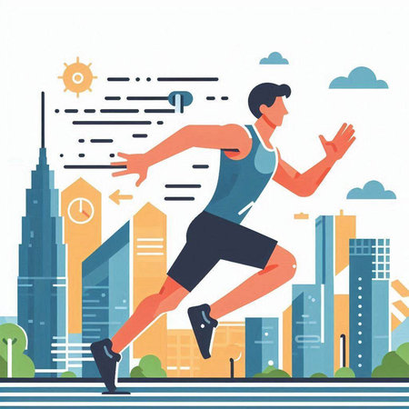 Running man in city. Healthy lifestyle concept. Vector illustration in flat styleのイラスト素材