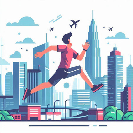 Running man in the city. Vector illustration in flat cartoon style.のイラスト素材