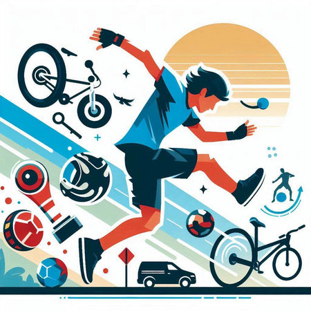 Vector illustration of a boy playing sports on the street. The concept of healthy lifestyle.のイラスト素材