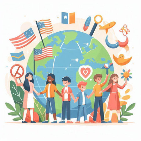 Happy children with flags around the world. Vector illustration in cartoon styleのイラスト素材