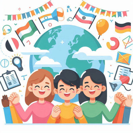 Group of happy women with flags around the globe. Vector illustration.のイラスト素材