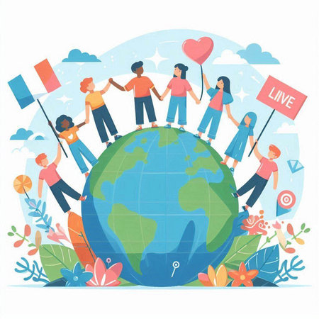 Volunteer people with flags and flowers around the world. Vector illustrationのイラスト素材