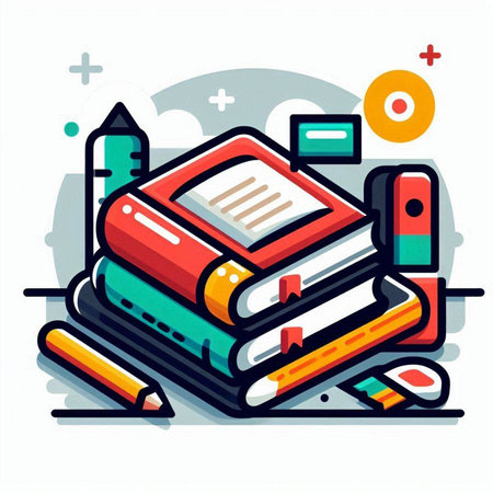 Vector illustration of a stack of books, pencils, eraser and eraser on white background.のイラスト素材