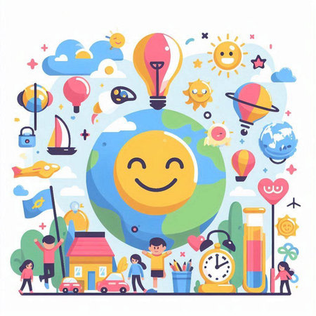 Vector illustration of kids around the globe. Happy earth day concept.のイラスト素材