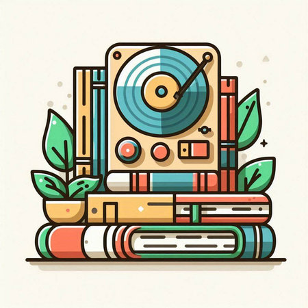 Vinyl record, books and plant. Colorful flat vector illustration.のイラスト素材