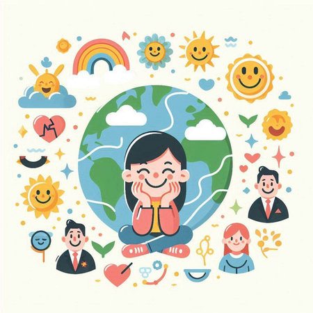 Vector illustration of a happy little boy and his family around the worldのイラスト素材