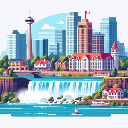 Waterfall in the city. Vector illustration of a city landscape.のイラスト素材