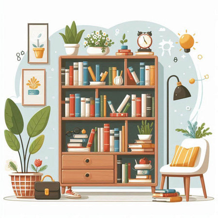 Bookshelf with books, lamp and potted plants. Vector illustration.のイラスト素材