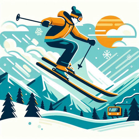 Snowboarder skiing in the mountains. Vector illustration in retro style.のイラスト素材