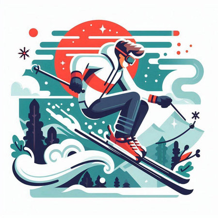 Skier skiing downhill. Winter sport. Vector illustration in flat styleのイラスト素材