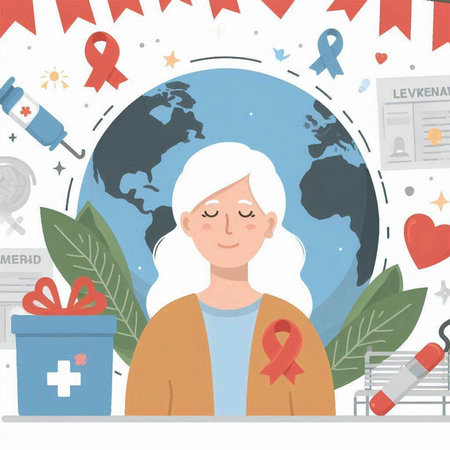 Vector illustration of World Cancer Day. A woman with a red ribbon on her forehead.のイラスト素材