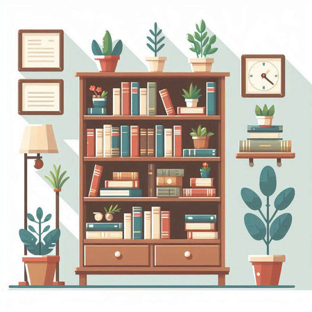 Bookshelf with books and plants. Flat style vector illustration.のイラスト素材