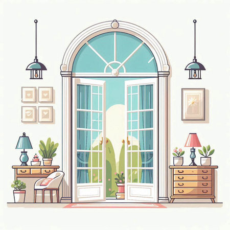 Illustration of a window with a view of the landscape. Vector illustrationのイラスト素材