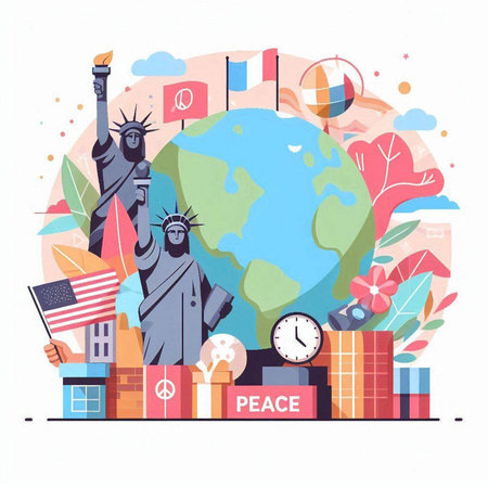 Statue of Liberty with USA flag. Vector illustration in flat styleのイラスト素材