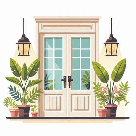 Flat style vector illustration of a house front door with plants.のイラスト素材