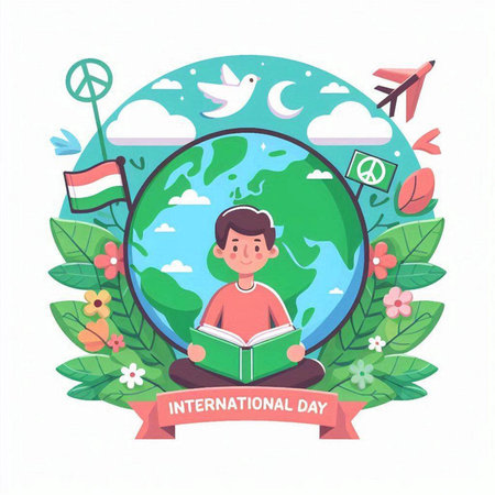 International day of knowledge concept with cute boy reading book on earth globe. Vector illustration.のイラスト素材