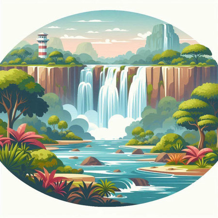 Waterfall landscape in flat style. Vector illustration for your design.のイラスト素材