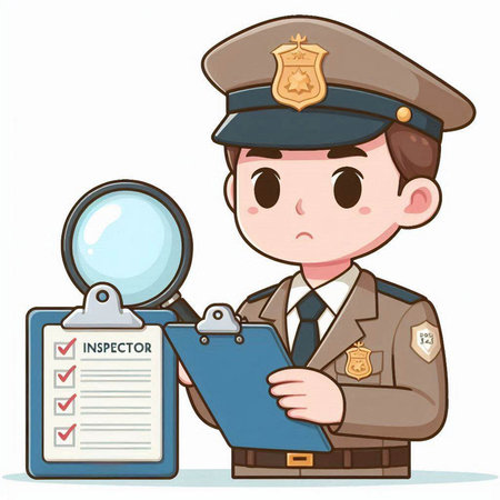 Police officer with checklist and magnifying glass, vector illustration in cartoon styleのイラスト素材