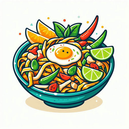 Illustration of a bowl of noodle soup with egg and vegetablesのイラスト素材