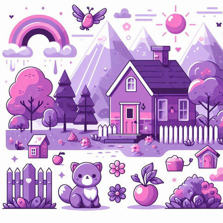 Cute cartoon landscape with houses, trees and flowers. Vector illustrationのイラスト素材