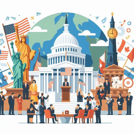 Politics and government concept. Crowd of people at podium with flags and american symbols. Vector illustrationのイラスト素材